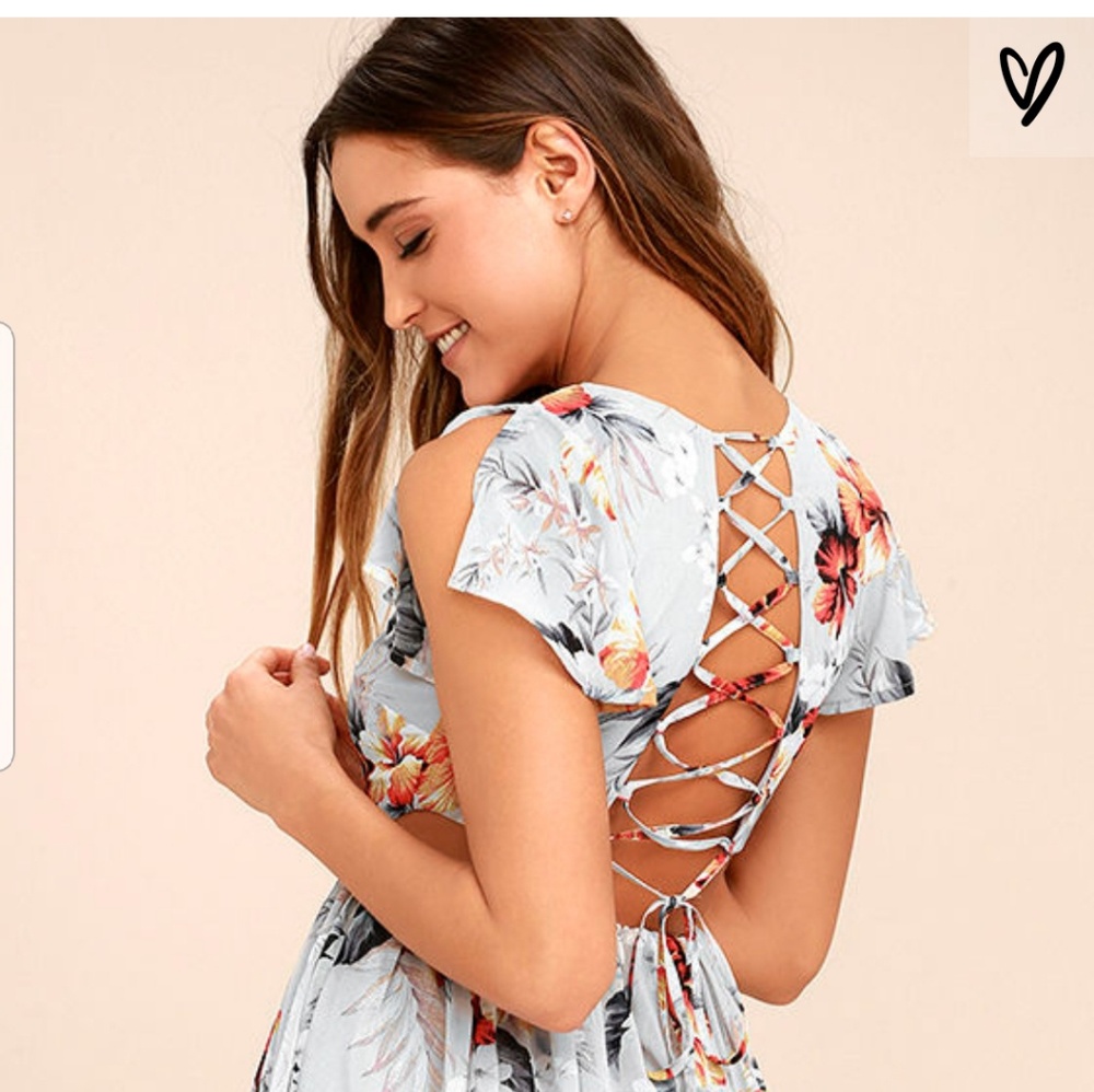 La brea gray floral print backless lace up dress.